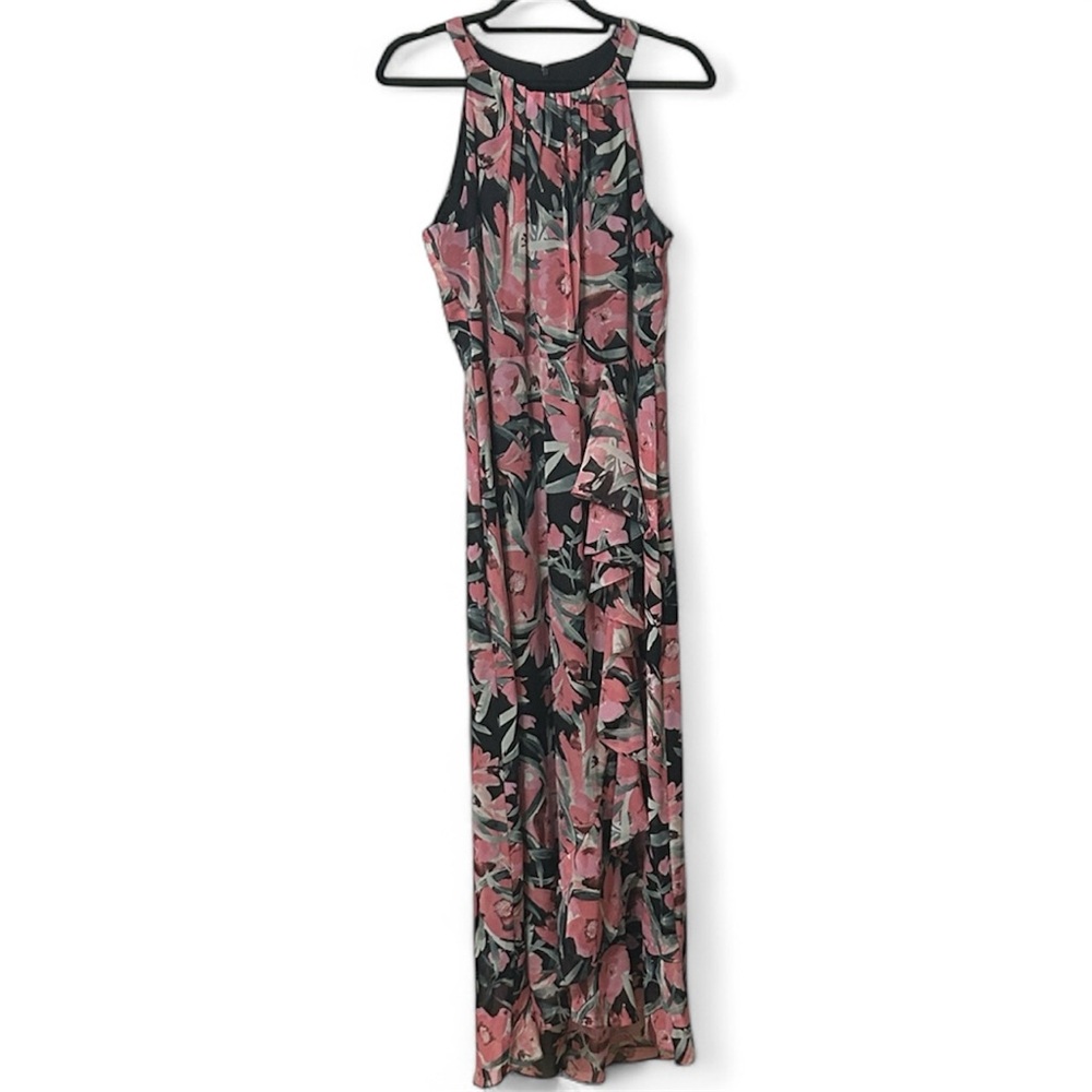 NWT Beautiful Floral Pink and Black Maxi Dress w/ Dramatic Front Ruffle - Picture 7 of 7